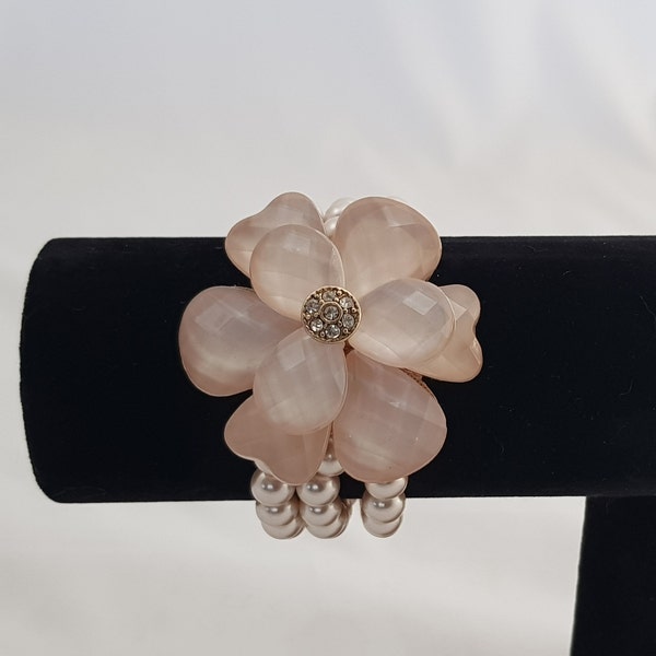 Vintage Triple-strand Blush / Pale Pink Faux Pearl Bracelet with Ornate Flower Decoration- Elasticated