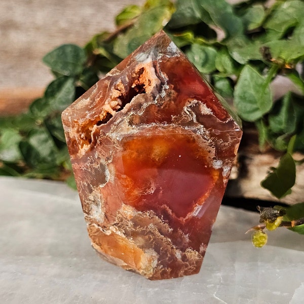 Red Moss Agate Jewel Cut Tower - Standing Crystal Point with Quartz Inclusions