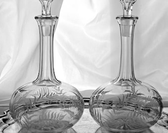Decanters pair ,Victorian 1870s of Botanical, Pteridomania, decorated ferns,Antique