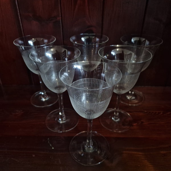 Six wine glasses late Victorian -Edwardian Period Very Rare set of antique wine glasses etched ,1890-1909 geometrical pattern, Deco style