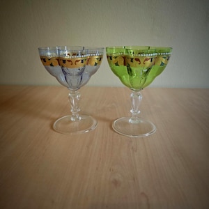Antonio Salviati,Murano -Venice, pair antique wine goblets ,quatrefoil shape bowl ,emerald green glass and light blue ,Very rare 1860s