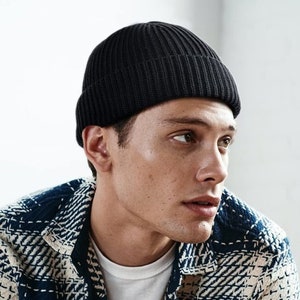 Men&#39;s Black Beanie,Black Fishermans Beanie Hat,Watch Hat Knit Rolled Cuff,Beanie Warm Winter Cap,Winter Beanie Hat ,Women Skull Beanie Hat