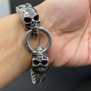 Stainless Steel ,Skull Link Chain,Vintage Bracelet,Punk Bracelet,Stainless Steel Jewelry,Men&#39;s Double Skull Bracelet,Skull Biker Bracelets