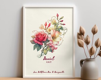 June Birth Flower Print: Rose, Honeysuckle Watercolor Art (Digital Download)