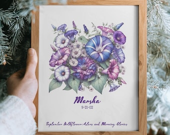 Könnte beinhalten: Ein gerahmter Druck mit einem floralen Design aus lila und blauen Winden und Astern. Der Druck trägt den Namen "Marsha" und das Datum "9-21-02" unter den Blumen. Der Text "September-Geburtsblume: Astern und Winden" ist unten auf dem Druck gedruckt.