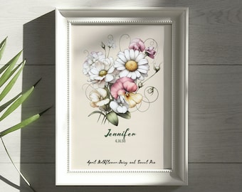 Gepersonaliseerde bloemenprint madeliefje – Minimalistische botanische muurkunst (digitale download)