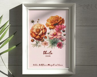 October Birth Flower Print: Personalized Marigold, Cosmos Botanical Wall Art (Digital Download)