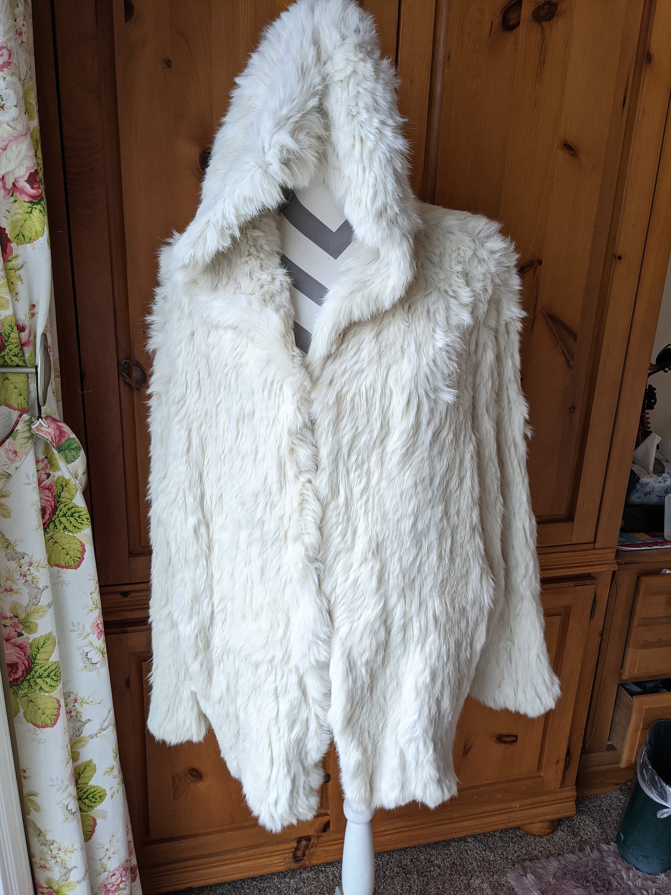 WarmFurCoats Beautiful White Rabbit Fur Sweater with Hood and Two Side Pockets Fits Medium, Large or Extra Large See Measurements