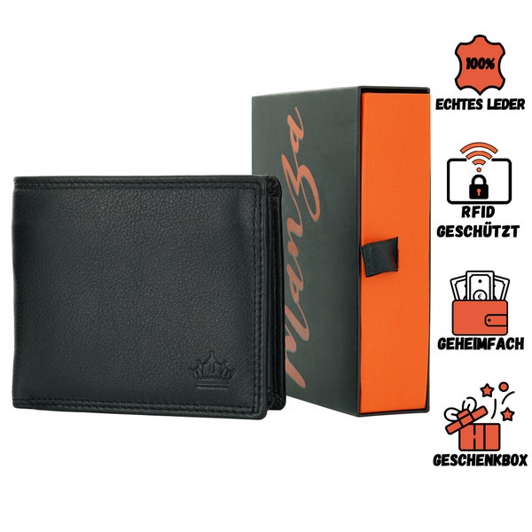 Wallet men's black wallet stock market landscape format genuine leather wallet incl. secret compartment, RFID protection and gift box MANZA wallet