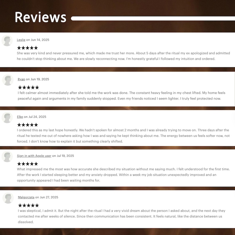 Review page with multiple five-star customer testimonials in a clean brown framed design