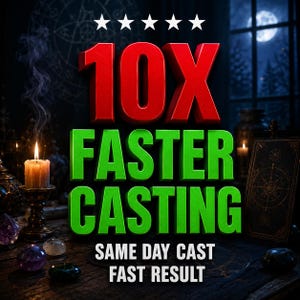 May include: A graphic featuring the text 10X FASTER CASTING, SAME DAY CAST, FAST RESULT in red and green 3D lettering. Five white stars appear above the text. The background shows a lit candle, crystals, and a tarot card in a dark setting.