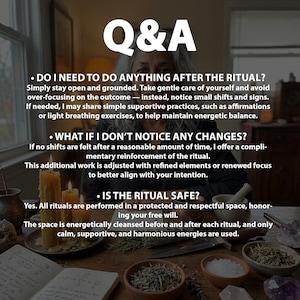 FAQ slide about aftercare, timing expectations, emotional shifts, and whether the reconciliation ritual is safe