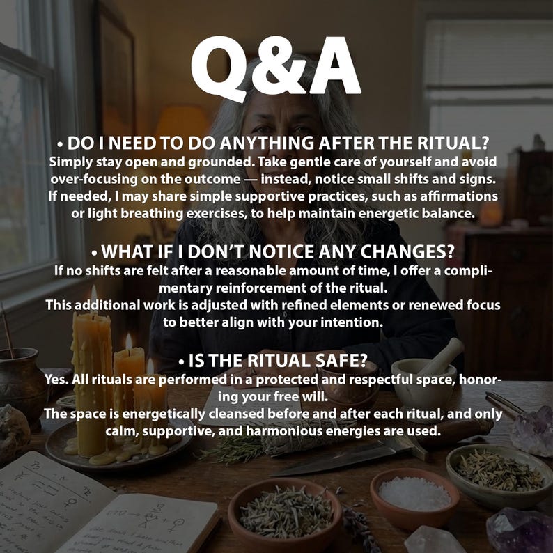 FAQ slide about aftercare, timing expectations, emotional shifts, and whether the reconciliation ritual is safe