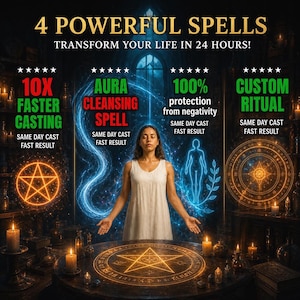 Może przedstawiać: Grafika cyfrowa przedstawiająca osobę w białej sukni przed stołem z świecącym pentagramem. Tekst głosi 4 POWERFUL SPELLS, TRANSFORM YOUR LIFE IN 24 HOURS, 10X FASTER CASTING, AURA CLEANSING SPELL, 100% protection from negativity oraz CUSTOM RITUAL.
