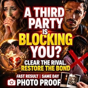 May include: A promotional image with the text "A Third Party Is Blocking You?" in large, bold letters. The image features distressed individuals and the phrase "Clear the Rival. Restore the Bond."