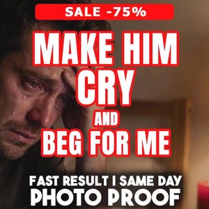 Pode incluir: Um anúncio digital com uma pessoa a chorar e o texto SALE -75%, MAKE HIM CRY AND BEG FOR ME, e FAST RESULT I SAME DAY PHOTO PROOF. A imagem mostra um grande plano de uma pessoa com uma mão na testa.