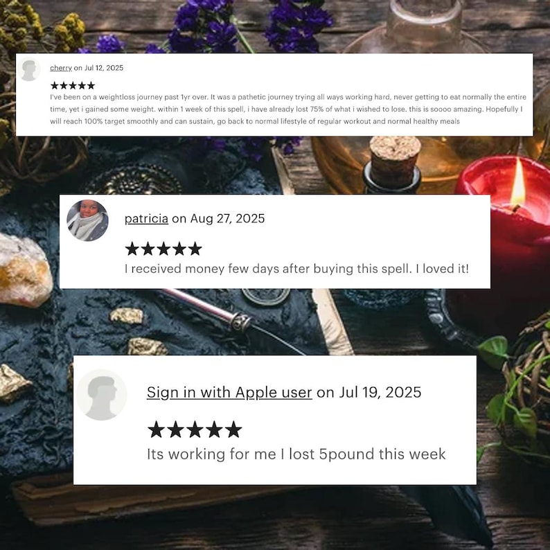 Candlelit review collage with customer feedback cards and buyer progress photos