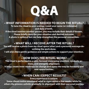 FAQ slide listing needed details, what the buyer receives after casting, and when relationship shifts may appear