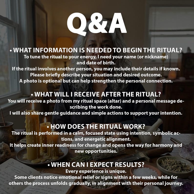 FAQ slide listing needed details, what the buyer receives after casting, and when relationship shifts may appear