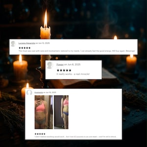 Candle background with a long customer review and two smaller five-star testimonials