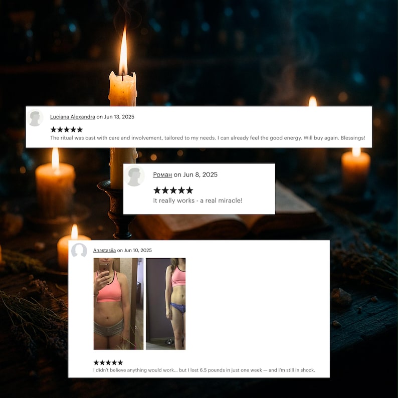 Candle background with a long customer review and two smaller five-star testimonials