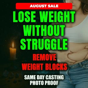 Puede incluir: Un gráfico digital que muestra a una persona con top blanco y vaqueros azules con las manos en el abdomen. El texto dice: AUGUST SALE, LOSE WEIGHT WITHOUT STRUGGLE, REMOVE WEIGHT BLOCKS, SAME DAY CASTING PHOTO PROOF. Una vela encendida está a la izquierda.