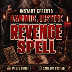 May include: A digital graphic featuring the text INSTANT EFFECTS, KARMIC JUSTICE, REVENGE SPELL, PHOTO PROOF, and SAME DAY CASTING. The image includes a black candle, a red candle, a Justice tarot card, and a gold scale on a dark, textured surface.