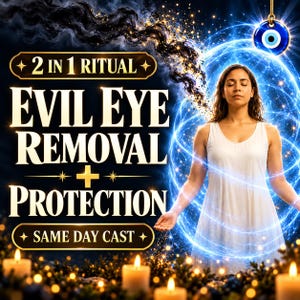 Könnte beinhalten: Eine digitale Grafik mit dem Text 2 IN 1 RITUAL EVIL EYE REMOVAL + PROTECTION SAME DAY CAST. Eine Person in einem weißen Kleid steht mit geschlossenen Augen, umgeben von einer blau leuchtenden Aura, mit einem blauen Auge-Amulett und Kerzen.