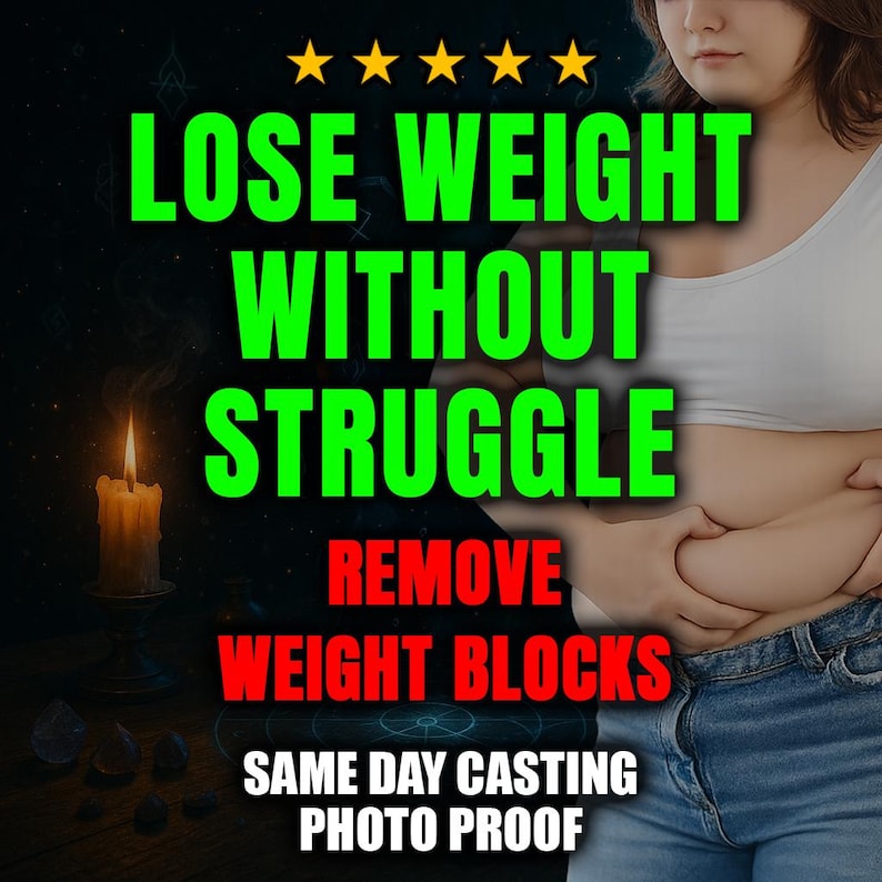 May include: Image with green and red text: "LOSE WEIGHT WITHOUT STRUGGLE REMOVE WEIGHT BLOCKS SAME DAY CASTING PHOTO PROOF". A woman in a white top and jeans is visible. A lit candle is in the background.