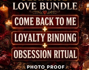 May include: A digital graphic titled ULTIMATE LOVE BUNDLE featuring three rectangular panels with the text COME BACK TO ME, LOYALTY BINDING, and OBSESSION RITUAL. The background displays red roses, lit candles, and heart-shaped objects in a dark setting.