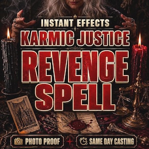 Puede incluir: Un gráfico digital con el texto INSTANT EFFECTS, KARMIC JUSTICE, REVENGE SPELL, PHOTO PROOF y SAME DAY CASTING. El diseño incluye una vela negra, una vela roja, una carta de tarot de la Justicia y un pergamino con sello de cera.