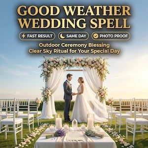 Op de afbeelding: Een huwelijksceremonie met de tekst "GOOD WEATHER WEDDING SPELL". Een stel staat onder een bloemenboog. Witte stoelen zijn op het gras geplaatst. De tekst bevat ook "FAST RESULT", "SAME DAY" en "PHOTO PROOF".