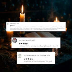 Candlelit testimonial image with review cards placed over a dark mystical altar scene