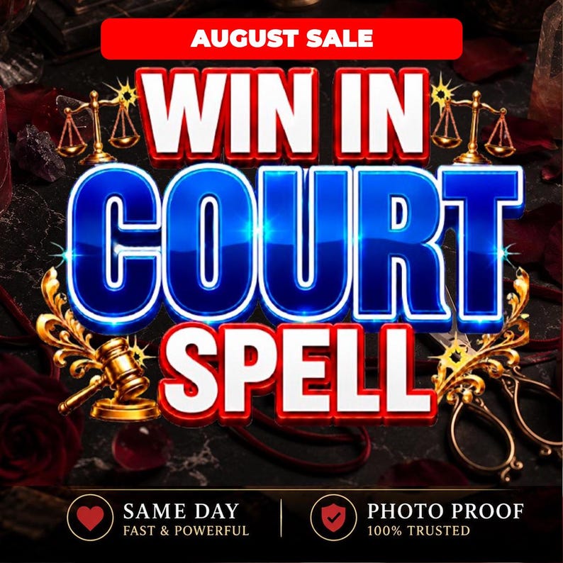 Puede incluir: Un anuncio gr&aacute;fico con el texto AUGUST SALE en la parte superior y WIN IN COURT SPELL en letras grandes azules y blancas. El dise&ntilde;o incluye balanzas de justicia doradas, un mazo dorado y tijeras, con el texto SAME DAY FAST & POWERFUL y PHOTO PROOF 100% TRUSTED en la parte inferior.