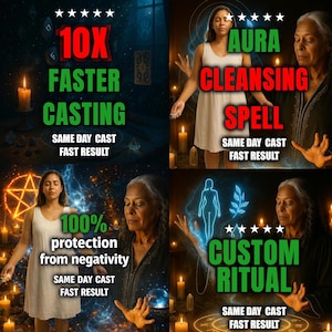 Può includere: Immagine composita con quattro pannelli, ognuno con una donna e del testo. Il testo include frasi come "10X Faster Casting", "Aura Cleansing Spell", "100% protection from negativity" e "Custom Ritual". Lo sfondo presenta candele e simboli mistici.