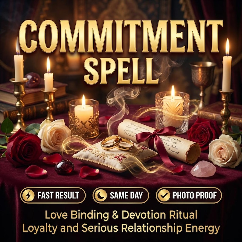 Commitment spell cover with bold text focused on devotion, loyalty, serious relationship energy, and love binding intention