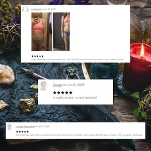 Dark ritual background with floating testimonial cards describing positive spell results