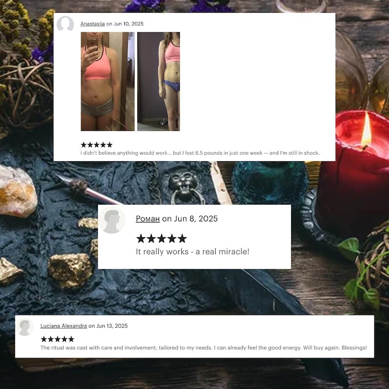 Dark ritual background with floating testimonial cards describing positive spell results