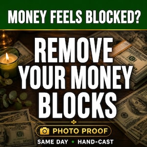 May include: A promotional graphic featuring the text MONEY FEELS BLOCKED? REMOVE YOUR MONEY BLOCKS, PHOTO PROOF, SAME DAY, and HAND-CAST. The background displays stacks of United States one hundred dollar bills, a lit candle, and green foliage.