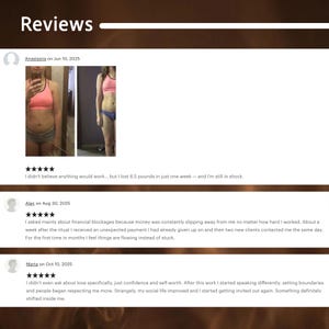 Review page with customer testimonials and progress photos shown in a brown framed layout