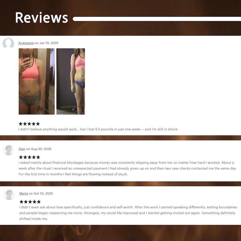 Review page with customer testimonials and progress photos shown in a brown framed layout