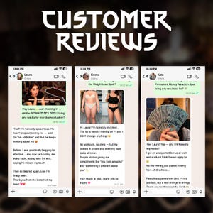 Dark altar background with layered five-star review cards from previous spell buyers