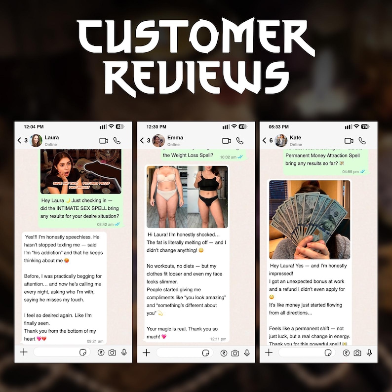 Dark altar background with layered five-star review cards from previous spell buyers