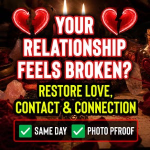 Puede incluir: Imagen con el texto "YOUR RELATIONSHIP FEELS BROKEN? RESTORE LOVE, CONTACT & CONNECTION". Incluye dos gráficos de corazón roto y marcas de verificación con el texto "SAME DAY" y "PHOTO PFROOF".