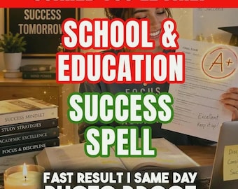 Könnte beinhalten: Eine digitale Grafik mit dem Text SCARED YOU'LL FAIL? SCHOOL & EDUCATION SUCCESS SPELL FAST RESULT I SAME DAY PHOTO PROOF. Das Bild zeigt eine Person, die ein Dokument mit einer A+-Note hält, umgeben von Büchern und einer brennenden Kerze.