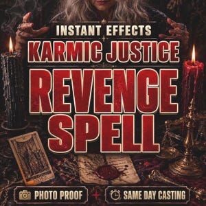 May include: A graphic featuring the text INSTANT EFFECTS, KARMIC JUSTICE, REVENGE SPELL, PHOTO PROOF, and SAME DAY CASTING. The image includes a black candle, a red candle, a Justice tarot card, a wax-sealed parchment, and a brass scale of justice.