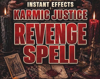 May include: A graphic featuring the text INSTANT EFFECTS, KARMIC JUSTICE, REVENGE SPELL, PHOTO PROOF, and SAME DAY CASTING. The image includes a black candle, a red candle, a Justice tarot card, a wax-sealed parchment, and a brass scale of justice.