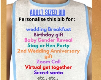 Adult Sized Personalised White Towelling Bib  Extra Large with ** Blue  Edging** customised with  your Text