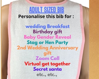Adult Sized Personalised White Towelling Bib Extra Large with White, Blue or Pink  Edging customised with your Embroidered Text Joke Bib