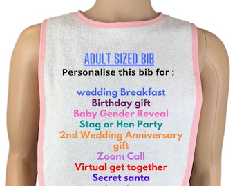 Adult Sized Personalised White Towelling Bib Extra Large with *Pink Edging customised with your Text Embroidered Custom Embroidery Joke